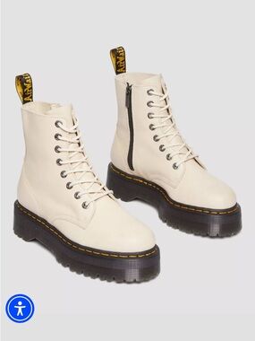 Dr. Martens Cream Leather Lace-Up Combat Boots with Yellow Stitching